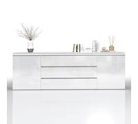 WHOUS Credenza e Buffet MAGIC per Soggiorno con 2 Ante e 3 Cassetti, Madia per Salotto, Cucina e Sala da Pranzo in Legno, 240x40x80, Bianco Lucido