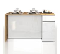 WHOUS Isola Cucina SOLE con 2 Ante e 2 Cassetti, Tavolo da Pranzo e Piano di Lavoro, Ideale per Open Space e Spazi Ridotti, 160x90x90 cm, Bianco Lucido e Rovere