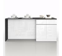 WHOUS Isola Cucina SOLE con 4 Ante e 4 Cassetti, Tavolo da Pranzo e Piano di Lavoro, Ideale per Open Space e Spazi Ridotti, 200x90x90 cm, Bianco Lucido e Report