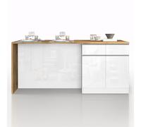 WHOUS Isola Cucina SOLE con 4 Ante e 4 Cassetti, Tavolo da Pranzo e Piano di Lavoro, Ideale per Open Space e Spazi Ridotti, 200x90x90 cm, Bianco Lucido e Rovere