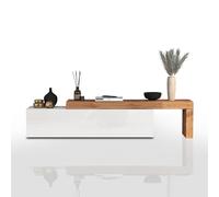 WHOUS Mobile Porta TV CHRONOS per Soggiorno con 1 Anta a Ribalta, Mobile Tv Regolabile per Salotto in Legno, 190/350x40x51 cm, Bianco Lucido e Rovere