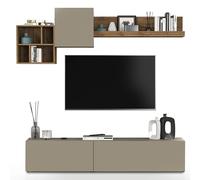 WHOUS Parete Attrezzata CHRONOS per Soggiorno, Mobile Porta TV, 2 Pensili a Cubo e Mensola per Salotto in Legno, 210x40 cm, Tortora Opaco e Rovere