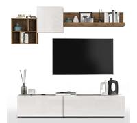 WHOUS Parete Attrezzata CHRONOS per Soggiorno, Mobile Porta TV, 2 Pensili a Cubo e Mensola per Salotto in Legno, 210x40 cm, Bianco Lucido e Rovere