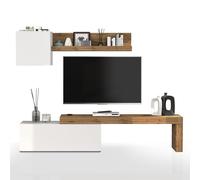 WHOUS Parete Attrezzata CHRONOS per Soggiorno, Mobile Tv Regolabile, Cubo con 1 Anta e Mensola per Salotto in Legno, 180/290x40 cm, Bianco Lucido e Rovere