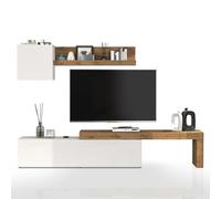 WHOUS Parete Attrezzata CHRONOS per Soggiorno, Mobile Tv Regolabile, Cubo con 1 Anta e Mensola per Salotto in Legno, 190/350x40 cm, Bianco Lucido e Rovere