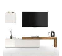 WHOUS Parete Attrezzata CHRONOS per Soggiorno, Mobile Tv Regolabile e Cubo con 1 Anta per Salotto in Legno, 190/350x40 cm, Bianco Lucido e Rovere