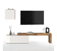WHOUS Parete Attrezzata CHRONOS per Soggiorno, Mobile Tv Regolabile e Cubo con 1 Anta per Salotto in Legno, 180/290x40 cm, Bianco Lucido e Rovere