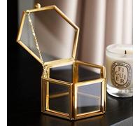 WHSLILR Portagioie vintage in vetro - Scatola dei ricordi esagonale in vetro dorato per riporre anelli, orecchini, bigiotteria, organizer per gioielli e regalo decorativo per donne e ragazze