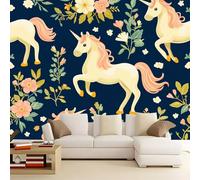 WHUOEUCO Carta da Parati 3D Unicorno Floreale Dei Cartoni Animati 500x280 cm Fotomurali in TNT Murale alla Moda, Decorazione da Muro Poster Gigante Design Carta per Pareti