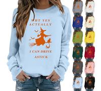 Why Yes Actually I Can Drive A Stick Felpa di Halloween per le donne Divertente Strega Top Plus Size Costumi di Halloween Spaventoso Festival Vestiti Autunno Manica Lunga Top Girocollo Pullover