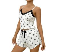 Whychstore Pigiama da donna con panda in cotone al tatto, a maniche corte, con pantaloncini con coulisse, per la notte estiva