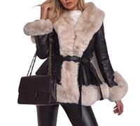 WHZXYDN Pelliccia Sintetica Pu Collo di Pelliccia Grande Cravatta Vita Giacca A Vento Donna Cucitura Sottile Giacca A Maniche Lunghe Donna