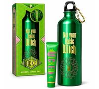 Wicked - Set regalo "Not Your Basic Witch", bottiglia d'acqua in metallo verde da 750 ml con moschettone e balsamo per le labbra al tè verde, accessori divertenti per streghe e kit per la cura di sé