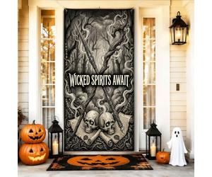 Wicked Spirits - Copri porta con teschio gotico, 91 x 183 cm | Immagini gotiche della foresta, cartello per porta d'ingresso, doghe magiche incrociate, arte da parete spettrale
