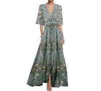 Wickelkleid da Donna Estivo Lungo al Ginocchio - Vestito da Donna Elegante con Scollo a V, Stampa Floreale, Maniche Corte, Vestito Estivo con Grande Orlo, Maxivestito Curvy, Linea A, Vestito Elegante