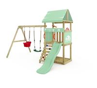 Wickey Parco giochi DinkyHouse con estensione dell'altalena - con scivolo & telone verde pastello - Torre di arrampicata per bambini per il giardino in legno massiccio - 303x317x247 cm