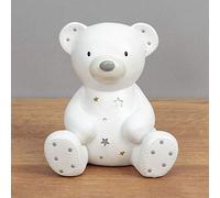 Widdop & Co. Bambino Salvadanaio in resina bianca (12 x 11 x 9 cm) - Orsacchiotto con stelle di cristallo - regalo per battesimo baby shower