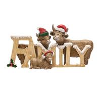 Widdop Highland Cow Family Figurine - Decorazione natalizia in resina festiva con cartello "FAMILY", cappelli di Babbo Natale e design rustico country