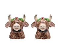 Widdop Highland Cow, saliera e pepiera natalizia, design natalizio in ceramica con dettagli di agrifoglio, stoviglie da cucina stagionale e accessorio da pranzo