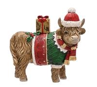 Widdop Highland Cow, statuetta natalizia in piedi, decorazione natalizia in resina con cappello di Babbo Natale, maglione verde e confezione regalo, ornamento rustico in stile country per esposizioni