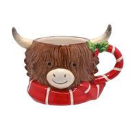 Widdop Highland Cow Tazza natalizia 3D - Tazza scolpita a forma di animale con sciarpa rossa e manico di agrifoglio - Divertente bicchieri festivi e regalo