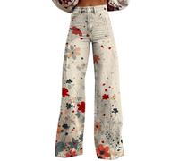 Wide Leg Pants Woman High Waist Patterned Pants Lightweight Loose Fit Casual Colorful Trouser Imitation Jeans Short Jeans Donna Nero, Colore: rosa., L