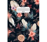 Wide Ruled, A4 Notebook with Numbered Pages & Table of Contents - Floral Feather Fusion Motif in Midnight Canvas, Pink Blossoms, Azure, Petite ... for Students, Professionals and Creatives.