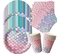 WIDEBG Sirena Stoviglie per Feste di Compleanno Stoviglie Ragazze Forniture per Feste Sirena Bicchieri Piatti Carta Tovaglioli Mare Tema Stoviglie Baby Shower 16 Ospiti