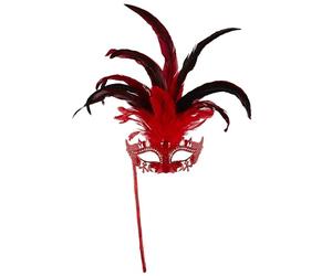 Widmann 04707 - Maschera Marchesa con Bastoncino, Adulto Donna, con Strass, Glitter, Gemma E Piume, Carnevale Veneziano, Colore Rosso