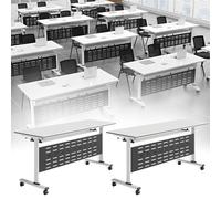 Widppsopt Foldable Conference Table with Flip-Top Design, White Seminar Meeting Table, Flip Top Large Mobile with Silent Locking Wheels Executive Desk for Meeting Room, Office, Classroom