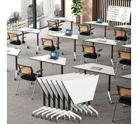 Widppsopt Folding Conference Table, White Seminar Meeting Table with Silent Locking Wheels Trapezoid Flip Top Seminar Meeting Desk Business Executive Desk for Meeting Room, Office, Classroom
