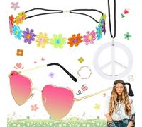 WiDream 3 Pezzi Accessori Hippie da Donna, Accessori Bohemia Set Costume, Hippie Costume Set Retrò, Occhiali da Festa Hippie, Cerchietto Con Girasole, Collana Con Segno di Pace Per Festa Anni '60 '70