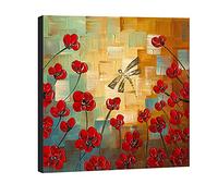 Wieco Art - Dipinto a mano con libellula e fiori moderni, 100% dipinto a mano, teso e incorniciato, stampa a olio su tela, pronto da appendere, per camera da letto, cucina, sala da pranzo, decorazione per la casa