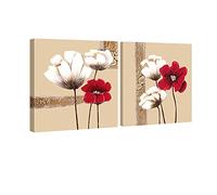Wieco Art - Stampa moderna con fiori rossi e bianchi, 2 pannelli arte astratta fiori in stile dipinto ad olio, foto stampata su tela da parete per camera da letto, decorazione per casa, Tela, Red and white, 12x12inchx2pcs
