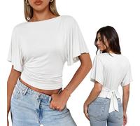 WIEIYM Camicetta da donna con maniche ad ali, maglietta estiva con scollo a barca, elegante maglietta con nastro regolabile sul retro, vestibilità aderente, a maniche corte, bianco, M