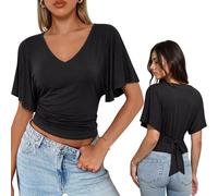 WIEIYM Camicetta estiva da donna con maniche ad aletta, scollo a barca, B-Nero, L