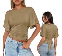 WIEIYM Camicetta estiva da donna con maniche ad aletta, scollo a barca, cachi, S