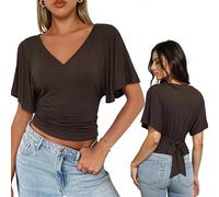 WIEIYM Camicetta estiva da donna con maniche ad aletta, scollo a barca, elegante maglietta con laccetto regolabile sul retro, vestibilità aderente, a maniche corte, B-caffè, S