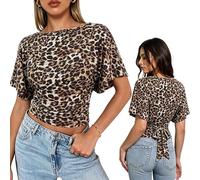 WIEIYM Camicetta estiva da donna con maniche ad aletta, scollo a barca, elegante maglietta con laccetto regolabile sul retro, vestibilità aderente, a maniche corte, leopardo, M