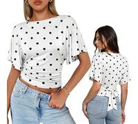 WIEIYM Camicetta estiva da donna con maniche ad aletta, scollo a barca, Pois neri, S