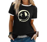 WIEIYM Maglietta Maglia Abbigliamento Donna con Scollo Rotondo, a Maniche Corte, Estiva, con Scritta ''Good Vibes Arcobaleno'' Stampata, Casual, Taglie S-XXL, A-nero., M