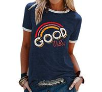 WIEIYM T-Shirt da Donna con Good Vibes Stampa Manica Corta Girocollo Arcobaleno Maglietta Casual Top Camicetta Estiva da Donna Divertente Sport Top (Navy, M)