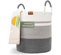 WIESEN.design Cestino EMILIA Ø 46 x 48 cm grigio/bianco/80 l, cesto portabiancheria intrecciato in cotone, cesto grande intrecciato, cesto portabiancheria pieghevole, cesto portabiancheria