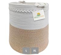 WIESEN.design Cestino KNUT Ø 46 x 48 cm, Marrone Chiaro/Bianco, 80 L, Cesto Portabiancheria Intrecciato in Cotone, Grande e Pieghevole