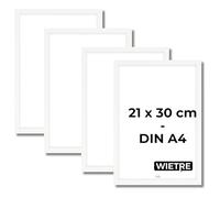 WIETRE Set di 4 cornici portafoto formato A4, 21 x 30 cm, in legno MDF bianco, cornice per poster, vetro acrilico infrangibile, da appendere e appoggiare, per foto, immagini e poster