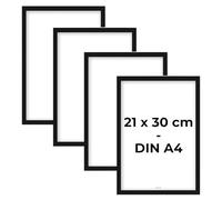 WIETRE Set di 4 cornici portafoto formato A4, 21 x 30 cm, in legno MDF nero, cornice per poster, vetro acrilico infrangibile, da appendere e appoggiare, per foto, immagini e poster