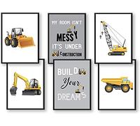 WIETRE® Set di 6 immagini per veicoli da costruzione, escavatore, gru, decorazione per cameretta dei bambini, poster DIN A4, per camion, cantieri, carrelli auto, decorazione (con cornice nera)