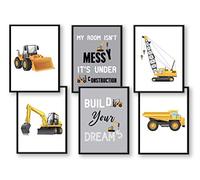 WIETRE® Set di 6 immagini per veicoli da costruzione, escavatore, gru, decorazione per la cameretta dei bambini, poster DIN A4, per camion, cantieri, carrelli auto, decorazione (senza cornice)