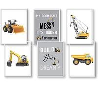 WIETRE® Set di 6 immagini per veicoli da costruzione, escavatore, gru, decorazione per la cameretta dei bambini, poster DIN A4, per camion, cantieri, carrelli auto, decorazione (con cornice bianca)