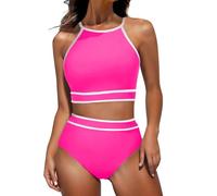 Wiffe Costume da bagno sportivo a 2 pezzi | Tummy Control per donne, sportivo, top incrociato sulla schiena, collo alto con stampa triangolare, set da 2 pezzi